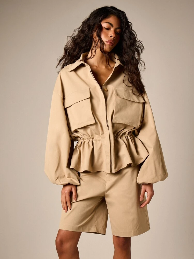 Peplum Hem Jacket With Cargo Pockets And Balloon Sleeves