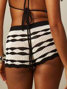 MISSGUIDED Crochet Zebra Print Mini Shorts With Elasticated Waistband Beach Summer Holiday Hot Pants - Black and White - View 2