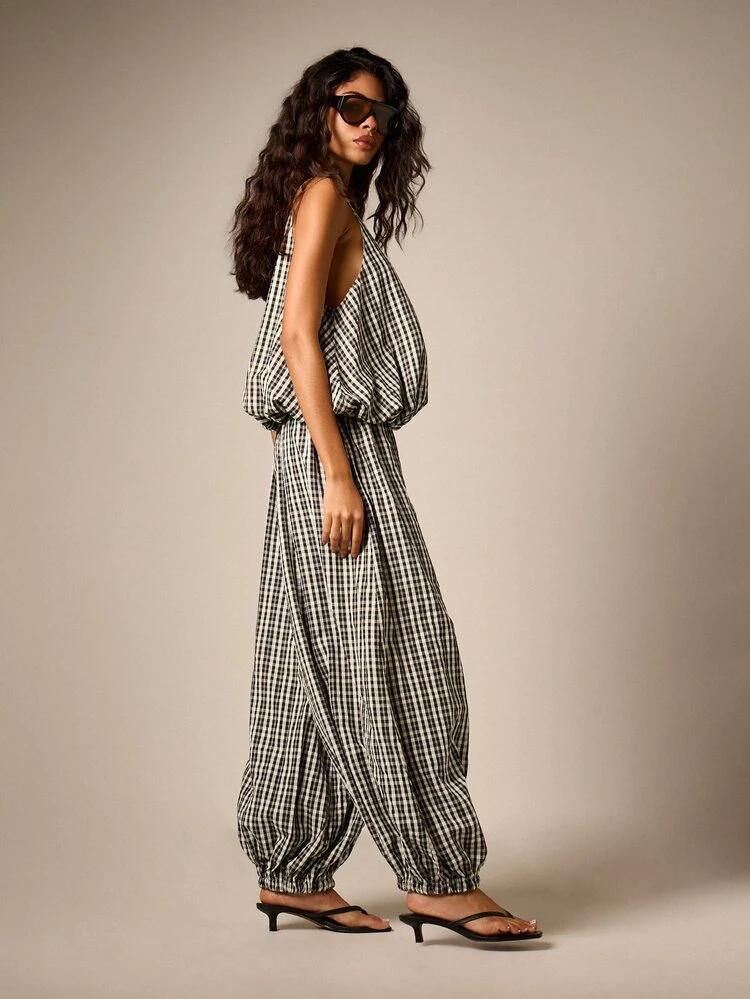 Checked Balloon Hem Trouser With Drawstring Waist