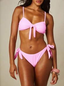 MISSGUIDED Tie Front Bikini Set With Spaghetti Straps Side Tie Bottoms Summer Beach Two Piece Swimsuit - Pink - View 6