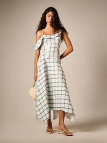 AiiRZ Đầm maxi bất đối xứng họa tiết kẻ caro, chi tiết bèo trễ vai và dây đeo mảnh cho mùa hè - Nhiều màu - Xem 1