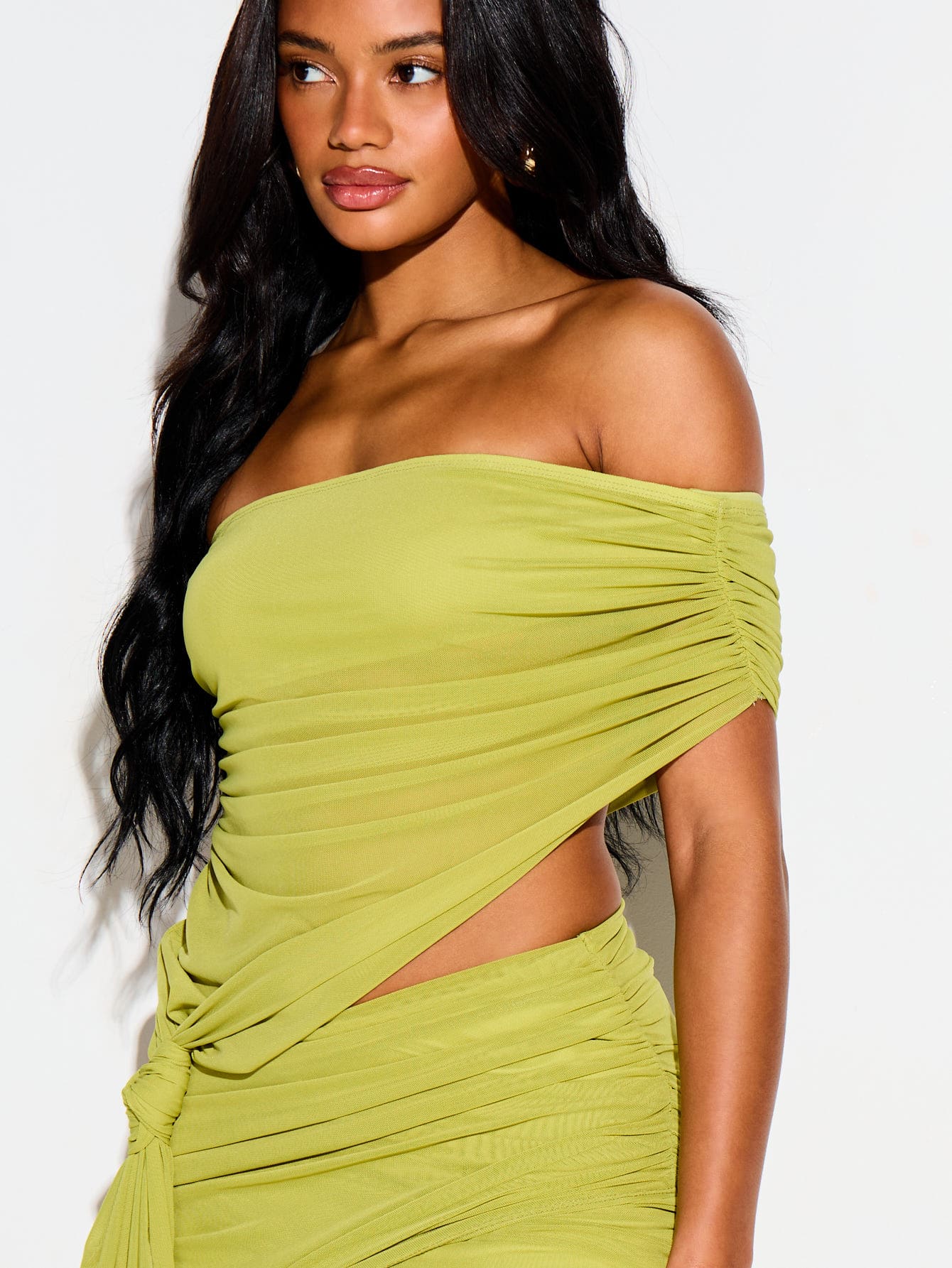 Off-Shoulder Ruched Crop Top With Knot Detail