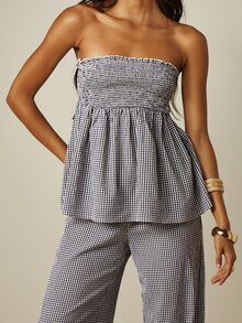 MISSGUIDED Gingham Check Strapless Bandeau Longline Smocked Top And Wide Leg Trouser Co-Ord Set Summer - Black and White - View 3