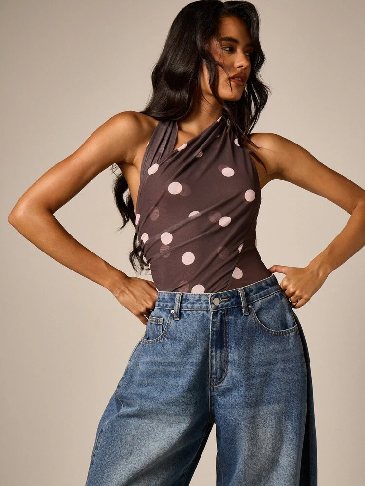 Polka Dot Mesh Ruched Halter Bodysuit