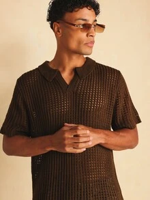 SUMWON Top de verano de manga corta con cuello polo de punto abierto, textura de tejido abierto y ajuste regular relajado - Marrón - Ver 1