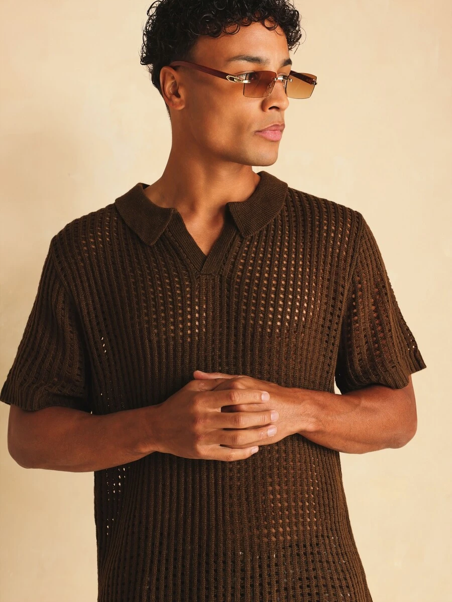 SUMWON Open Knit Polo Collared Short Sleeve Summer Top With Open Weave Texture And Relaxed Regular Fit - Brown - View 1