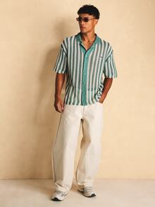 SUMWON Camisa de punto de ganchillo a rayas con cuello abierto, abotonada, manga corta, top de verano para vacaciones - Multicolor - Ver 6