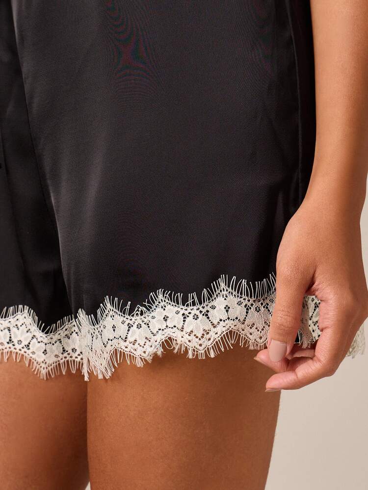 Satin Romper With Lace Trim And Drawstring Waist