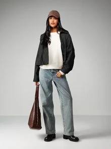 MISSGUIDED Houndstooth Cropped Jacket With Funnel Neck Button Detail And Back Strap Fall Winter Outerwear Coat - Dark Grey - View 3