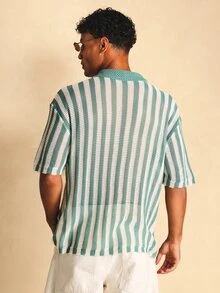 SUMWON Camisa de punto de ganchillo a rayas con cuello abierto, abotonada, manga corta, top de verano para vacaciones - Multicolor - Ver 2