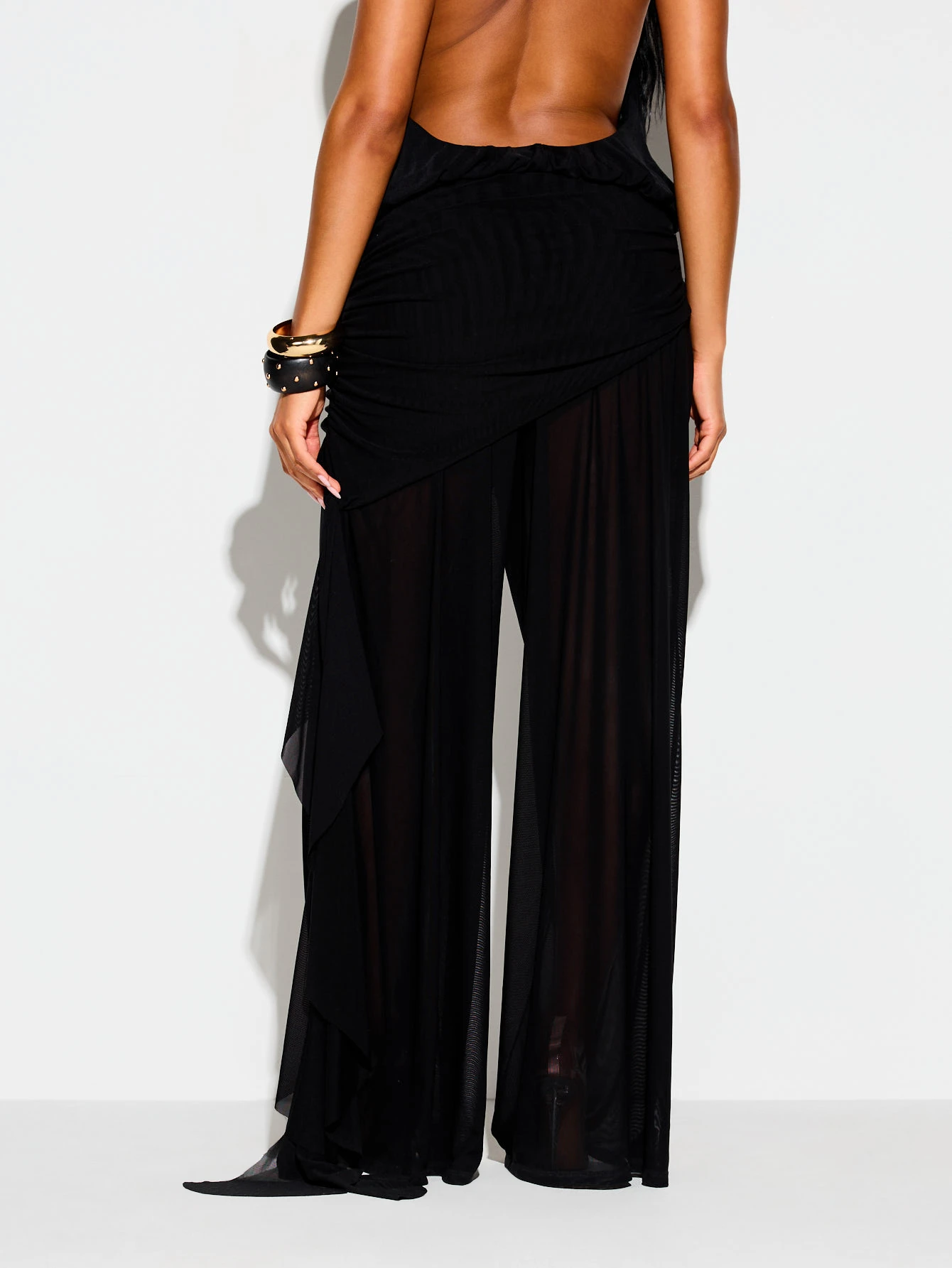 Sheer Wide Leg Palazzo Pants With Draped Knot Overlay