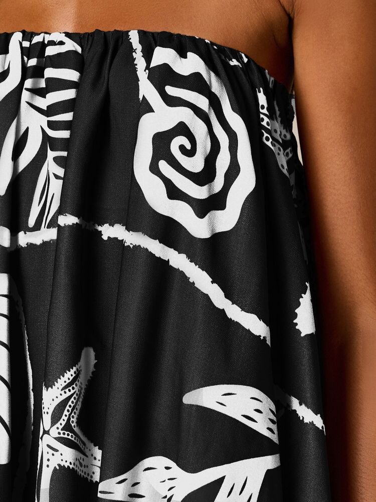AiiRZ Strapless Bandeau Bubble Hem Mini Dress With Bold Tropical Floral Print Summer Beach Coverup