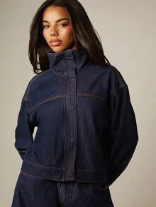 MISSGUIDED Funnel Neck Relaxed Fit Denim Jacket With Contrast Stitching Oversized Cropped Fall Winter Outerwear - Blue - View 5