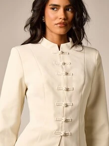 AiiRZ Tailored Stand Collar Blazer With Chinese Pankou Frog Button Closure Fitted Structured Jacket - Apricot - View 2