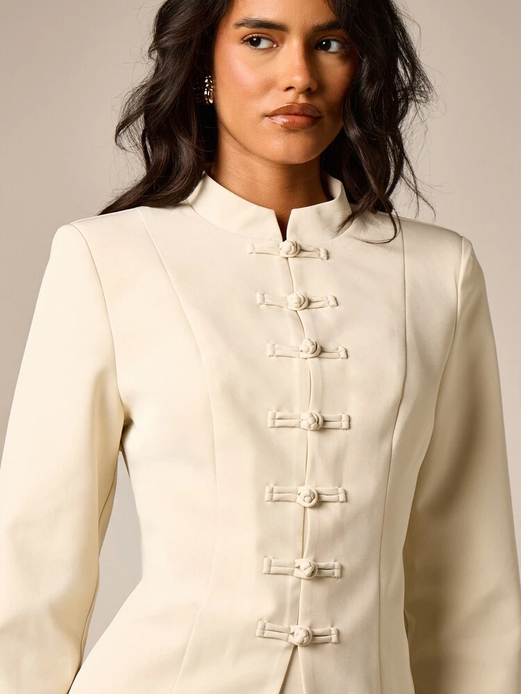 Fitted Stand Collar Blazer With Pankou Frog Buttons