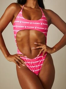 Missguided x Playboy Logo All-Over Print Cut-Out One-Piece Swimsuit With Halter Neck And High-Cut Bottom - Multicolor - View 3