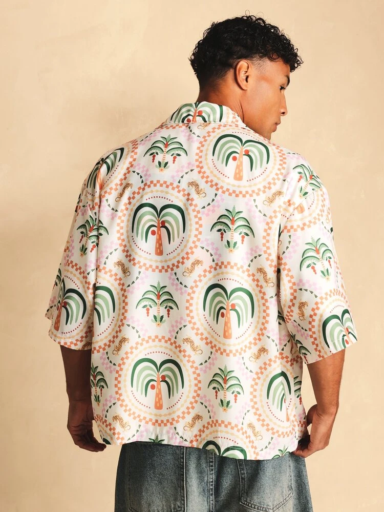 Tropical Palm Tree AOP Short Sleeve Camp Collar Shirt Summer Holiday Beach Vacation Oversized Fit