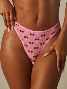 Missguided x Playboy 櫻桃印花網眼丁字褲內褲，滿版兔子標誌圖案搭配對比飾邊 - 淺粉色 - 查看 1