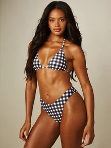 MISSGUIDED Gingham Triangle Bikini Set With Halter Tie Top And High-Cut Cheeky Bottom For Beach Summer - Black and White - View 4