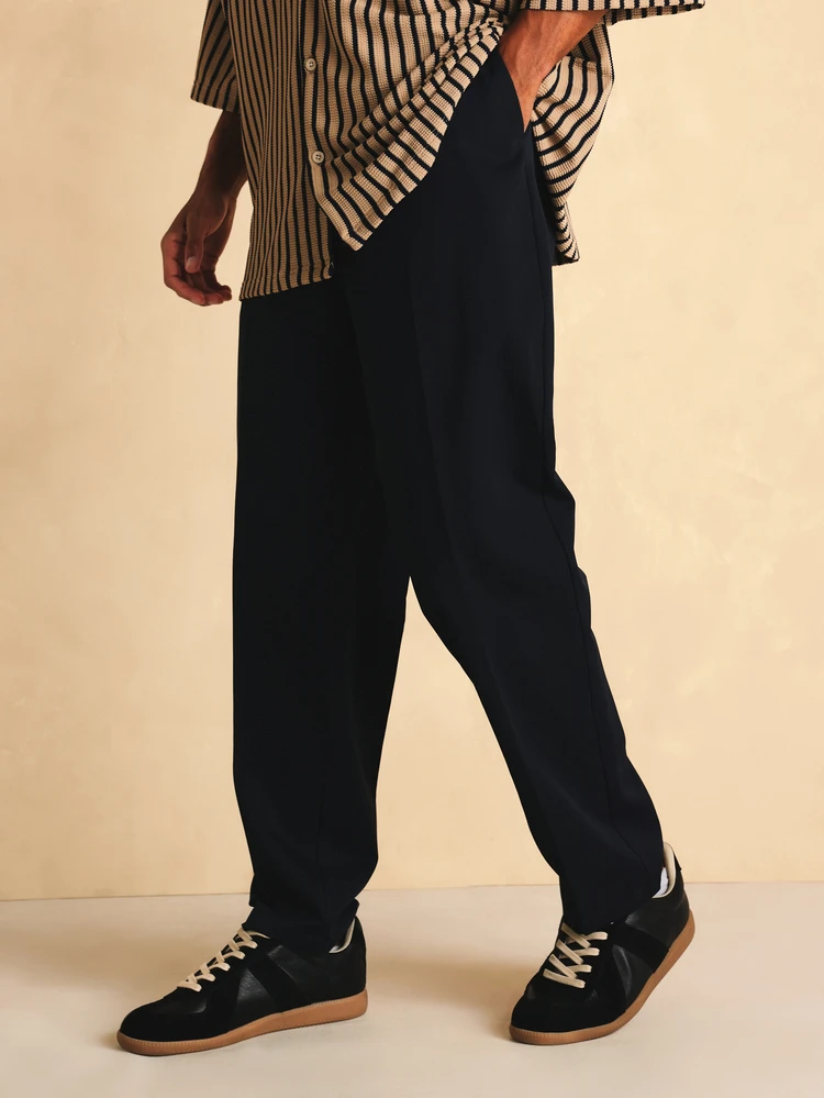Straight Chino Pants With Classic Slash Pockets Solid Navy Tailored Fit Full Length Trousers Spring Summer