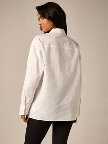 AiiRZ Oversized Asymmetric Lace Collar Button-Down Shirt Long Sleeve Chest Pocket Casual Chic Top - White - View 3