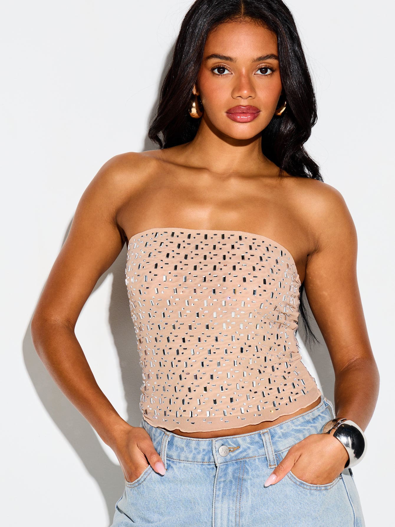 Rhinestone Mesh Strapless Bandeau Crop Top