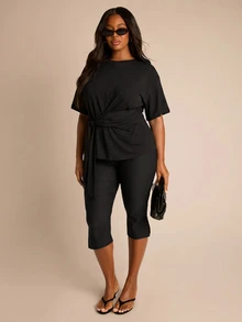 FASHION SZN Große Größen Lässig 100% Baumwolle Bindung vorne T-Shirt Alltags Sportliche Kleidung Für die Arbeit Sommer Basics Urlaubs Outfit Reise Flughafen Feiertag Rundhals Supersoft - Schwarz - Übersicht 1