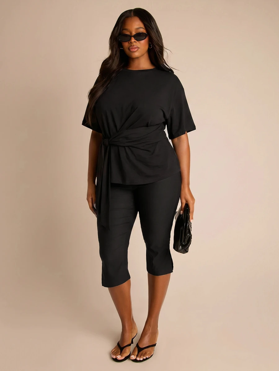 FASHION SZN Große Größen Lässig 100% Baumwolle Bindung vorne T-Shirt Alltags Sportliche Kleidung Für die Arbeit Sommer Basics Urlaubs Outfit Reise Flughafen Feiertag Rundhals Supersoft - Schwarz - Übersicht 1