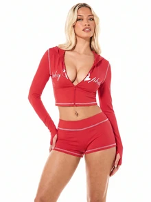 BABYPHAT Logo Crop Hoodie And Mini Shorts Two-Piece Matching Co-Ord Set With Contrast Stitching - Red - View 1