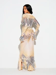 KIZN Animal Leopard Print Deep Plunge V-Neck Ruffle Frill Long Sleeve Maxi Dress Evening Party Holiday Summer - Multicolor - View 2