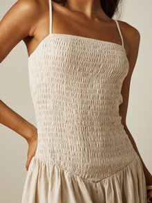 MISSGUIDED 亞麻質感抓皺縮褶上身細肩帶低腰喇叭裙迷你洋裝 夏季 - 米色 - 查看 4