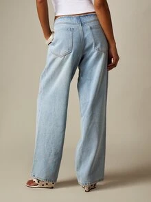 MISSGUIDED 低腰寬鬆寬腿牛仔褲 無腰帶 V型腰身 淺色水洗丹寧 休閒日常 夏季街頭風 - 淺藍色 - 查看 2