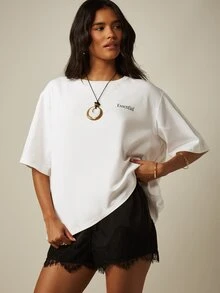 MISSGUIDED 寬鬆版型圖案T恤，背面印花花卉與勵志金句，圓領短袖夏季上衣 - 白色 - 查看 2