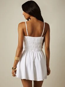 MISSGUIDED Shirred Waist Mini Dress With Square Neck Spaghetti Straps Fit And Flare Skirt Summer Beach Vacation Style - White - View 2