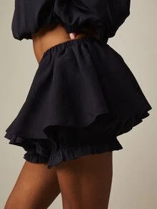 MISSGUIDED Soft Touch Peplum Bubble Mini Shorts With Ruffle Hem And Elastic Waist Flowy Summer Style - Navy Blue - View 5