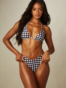 MISSGUIDED Gingham Triangle Bikini Set With Halter Tie Top And High-Cut Cheeky Bottom For Beach Summer - Black and White - View 1