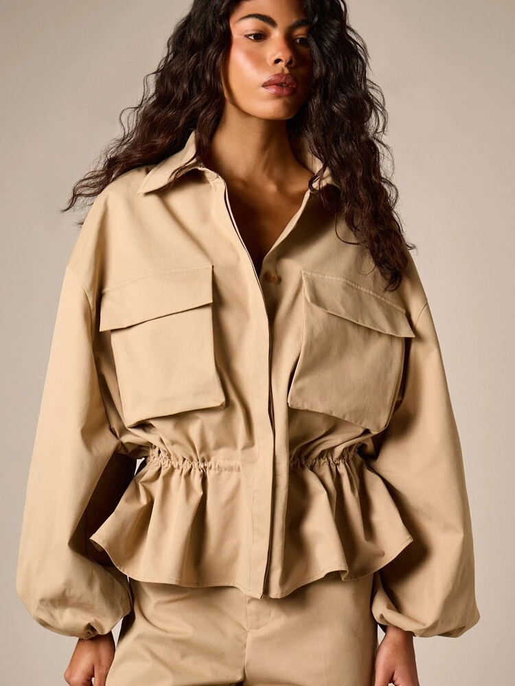 Peplum Hem Jacket With Cargo Pockets And Balloon Sleeves