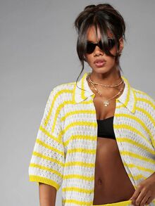 MISSGUIDED Striped Crochet Knit Open Front Shirt With Collared Neckline And Half Sleeves Summer Beach Cover Up - Yellow - View 5