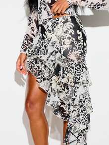 KIZN KIZN Baroque Animal Print Asymmetric Ruffle Frill Skirt High Low Tiered Chiffon Party Festival Summer Skirt - Multicolor - View 4