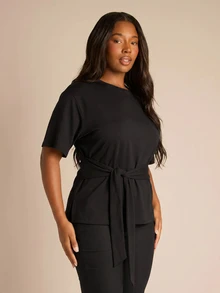 FASHION SZN Große Größen Lässig 100% Baumwolle Bindung vorne T-Shirt Alltags Sportliche Kleidung Für die Arbeit Sommer Basics Urlaubs Outfit Reise Flughafen Feiertag Rundhals Supersoft - Schwarz - Übersicht 5