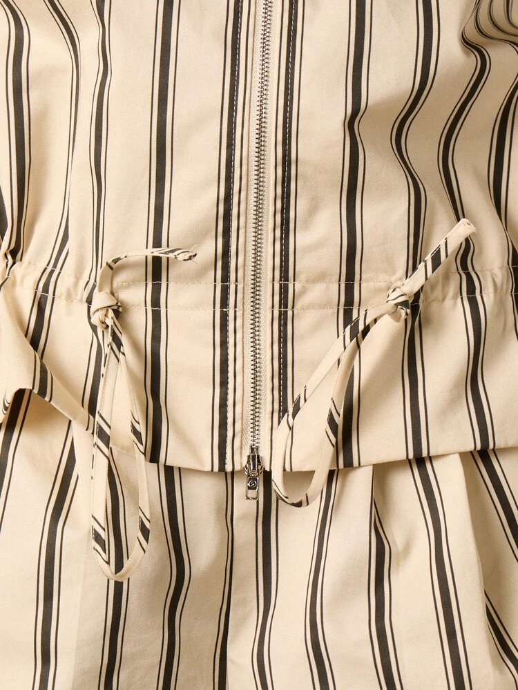 Pinstripe Funnel Neck Jacket With Drawcord Waist