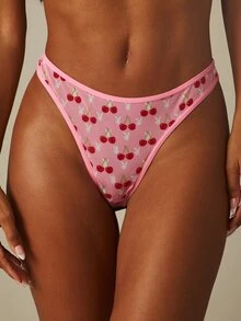 Missguided x Playboy 櫻桃印花網眼丁字褲內褲，滿版兔子標誌圖案搭配對比飾邊 - 淺粉色 - 查看 3