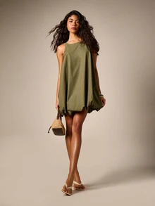 AiiRZ Poplin Bubble Hem Mini Dress With Scoop Neck Sleeveless A-Line Puffball Summer Sundress Vacation Olive Green Casual Modest - Green - View 4