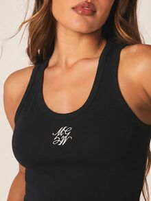 MISSGUIDED Ribbed Mini Dress With Embroidered Logo Detail, Scoop Neck, Racerback, Bodycon Fit, Summer Party - Black - View 2