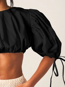 MISSGUIDED 泡泡紗泡泡短版上衣，泡泡袖綁帶袖口露肩夏季襯衫 - 黑色 - 查看 5