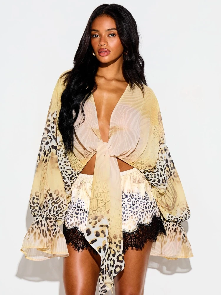 Animal Print Tie Front Blouse With Bell Sleeves