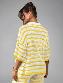 MISSGUIDED Striped Crochet Knit Open Front Shirt With Collared Neckline And Half Sleeves Summer Beach Cover Up - Yellow - View 2