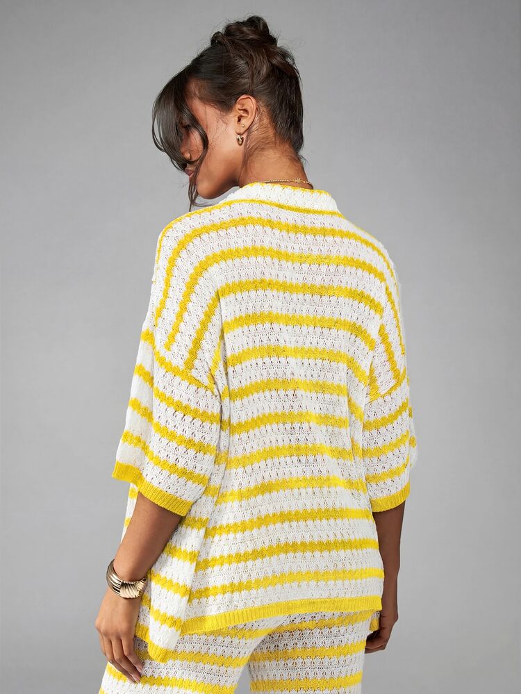 MISSGUIDED Striped Crochet Knit Open Front Shirt With Collared Neckline And Half Sleeves Summer Beach Cover Up