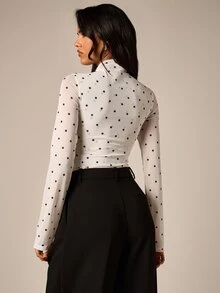 AiiRZ Polka Dot Mesh Long Sleeve Bodysuit With Cross Cowl Neck And Fitted Silhouette For Spring Fall Occasions - Black and White - View 3