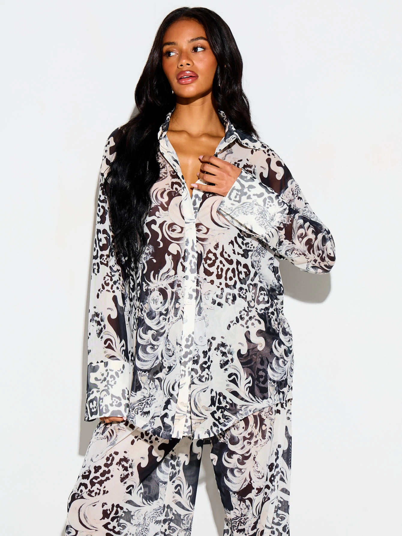 Baroque Animal Print Oversized Sheer Shirt